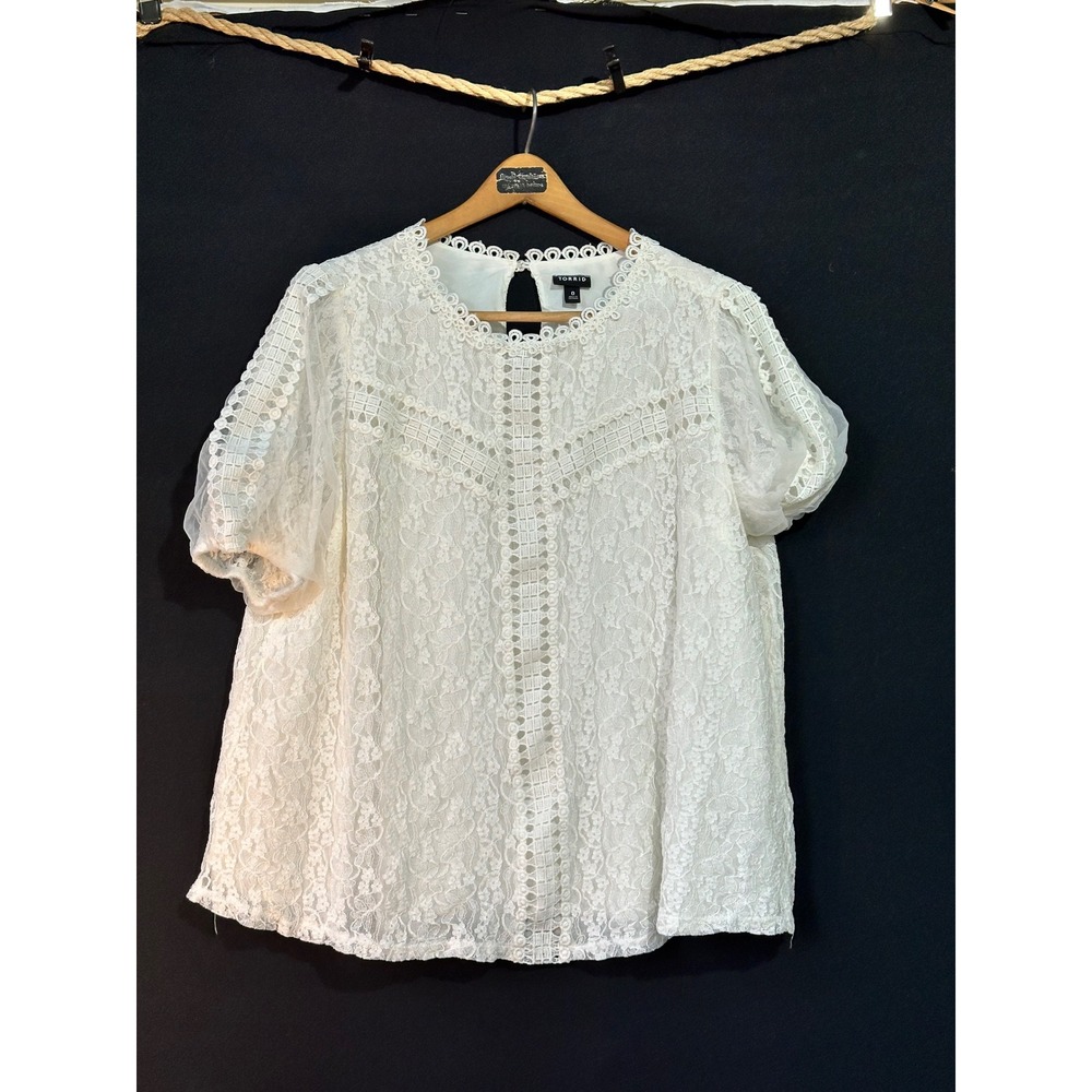 Torrid Lace Blouse Crochet Trim Short Sleeve Womens L White Feminine